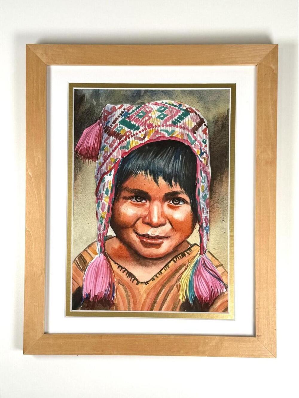 Andean Child Portrait Watercolor Peru Smiling Boy Folk Art Framed Original